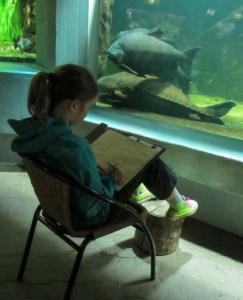 Mädchen malt vor Aquarium