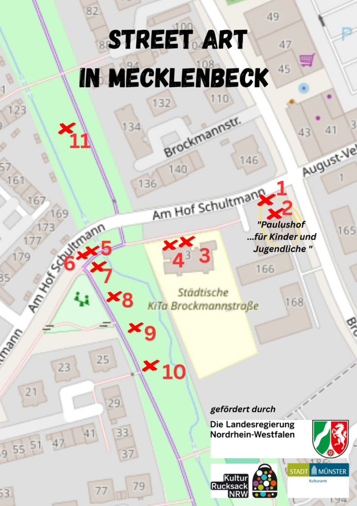 Ein farbiger Straßenplan mit Gebäuden und Straßenbezeichnungen von Münster-Mecklenbeck Am Hof Schultmann.
